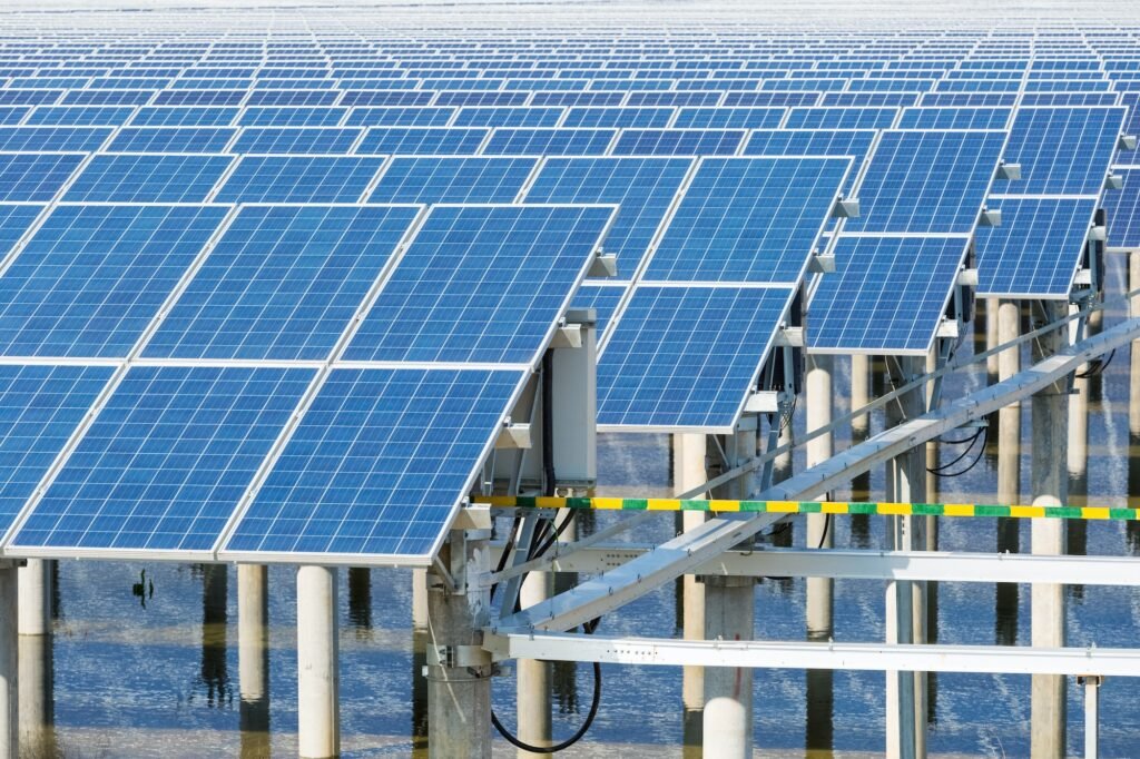 Close-up of solar energy panels capturing sunlight for renewable electricity generation.