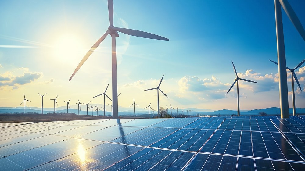 Windmill and solar panels generating green energy for eco-friendly power solutions