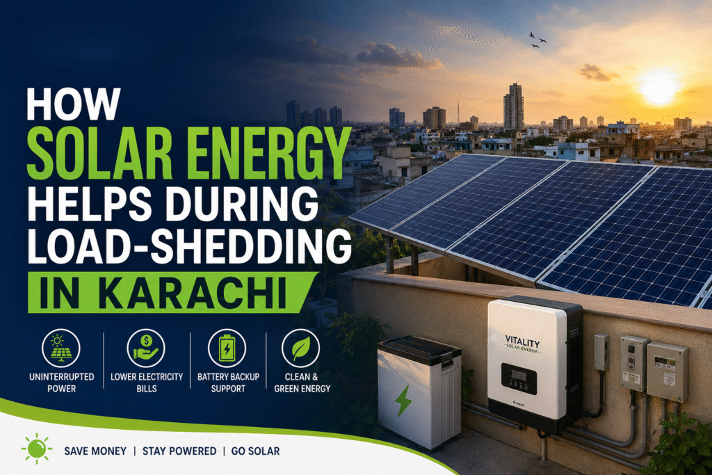 Wide marketing-style image showing rooftop solar panels installed in Karachi with a sunset city skyline, highlighting how solar energy helps during load-shedding with branding for Vitality Solar Energy.