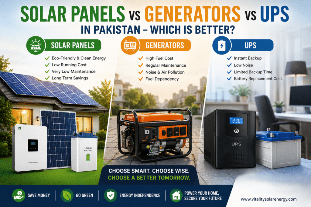 Comparison of solar panels, generators, and UPS systems for Pakistani homes showing costs, backup power, maintenance, and energy efficiency.