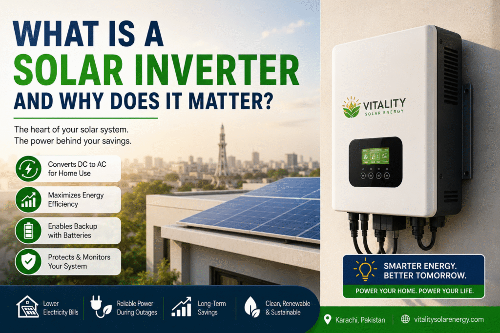 Residential solar inverter installed beside rooftop solar panels, showing how it converts solar energy into usable electricity for homes in Karachi.