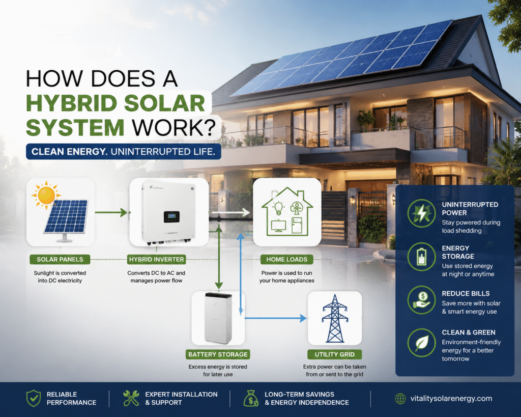 Hybrid solar system working process with solar panels, inverter, battery storage, and home power backup solution in Pakistan