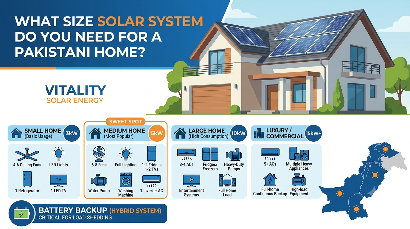 Pakistani home rooftop solar panels showing residential solar system size guide and energy efficiency solution.