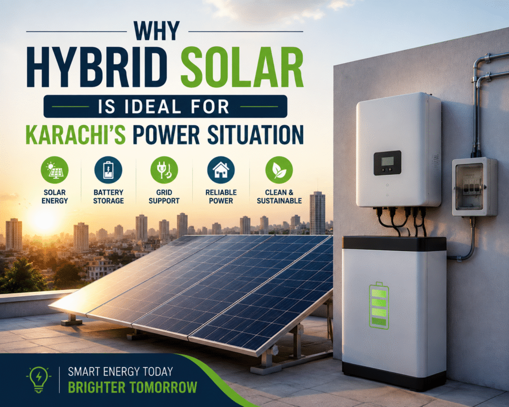 Hybrid solar system with rooftop panels, battery storage, and inverter providing reliable power backup for Karachi’s electricity challenges.