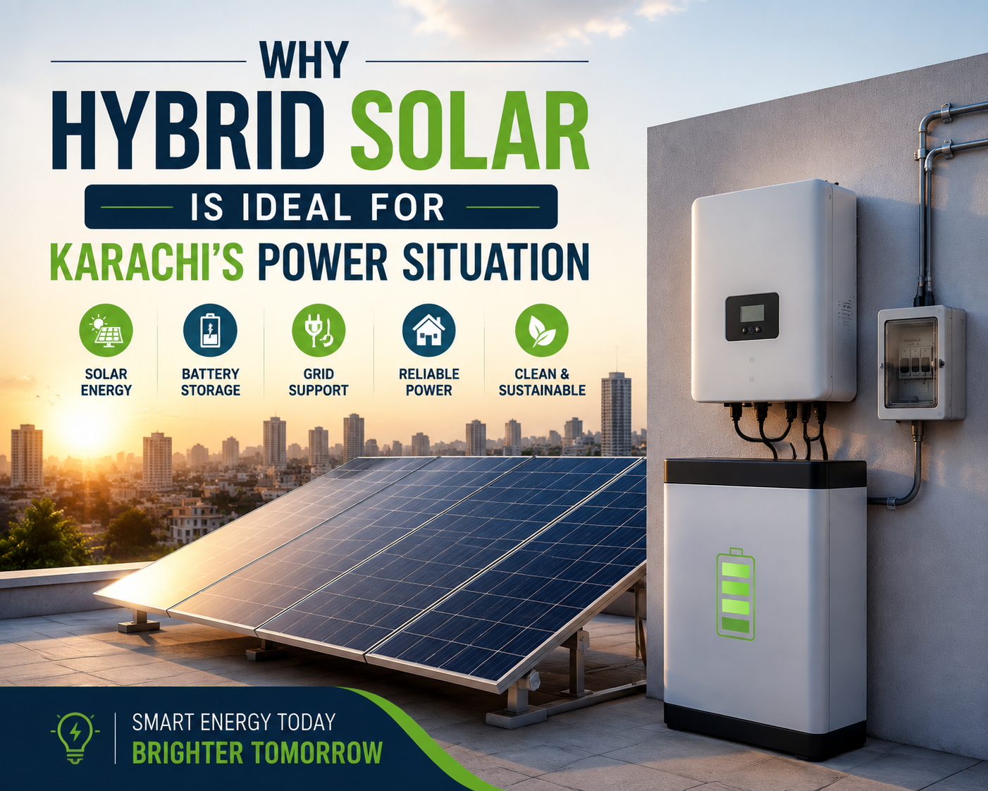 Hybrid solar system with rooftop panels, battery storage, and inverter providing reliable power backup for Karachi’s electricity challenges.