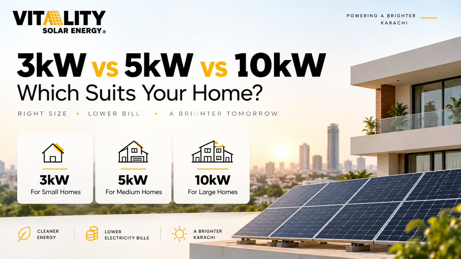 3kW vs 5kW vs 10kW solar systems comparison for small, medium and large homes in Karachi